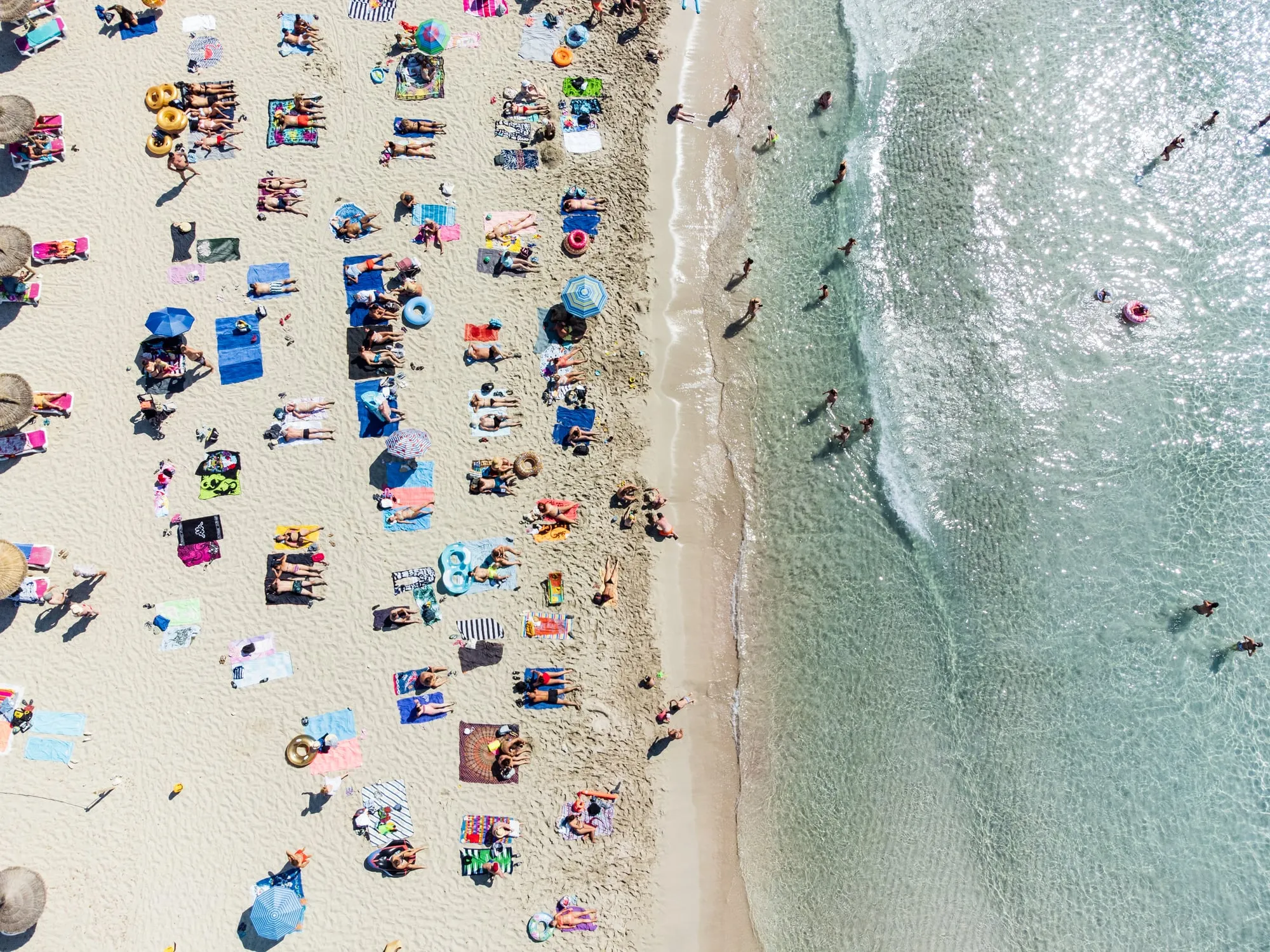 Aerial view of Playa de Muro in August showing thousands of beachgoers packed onto the sand