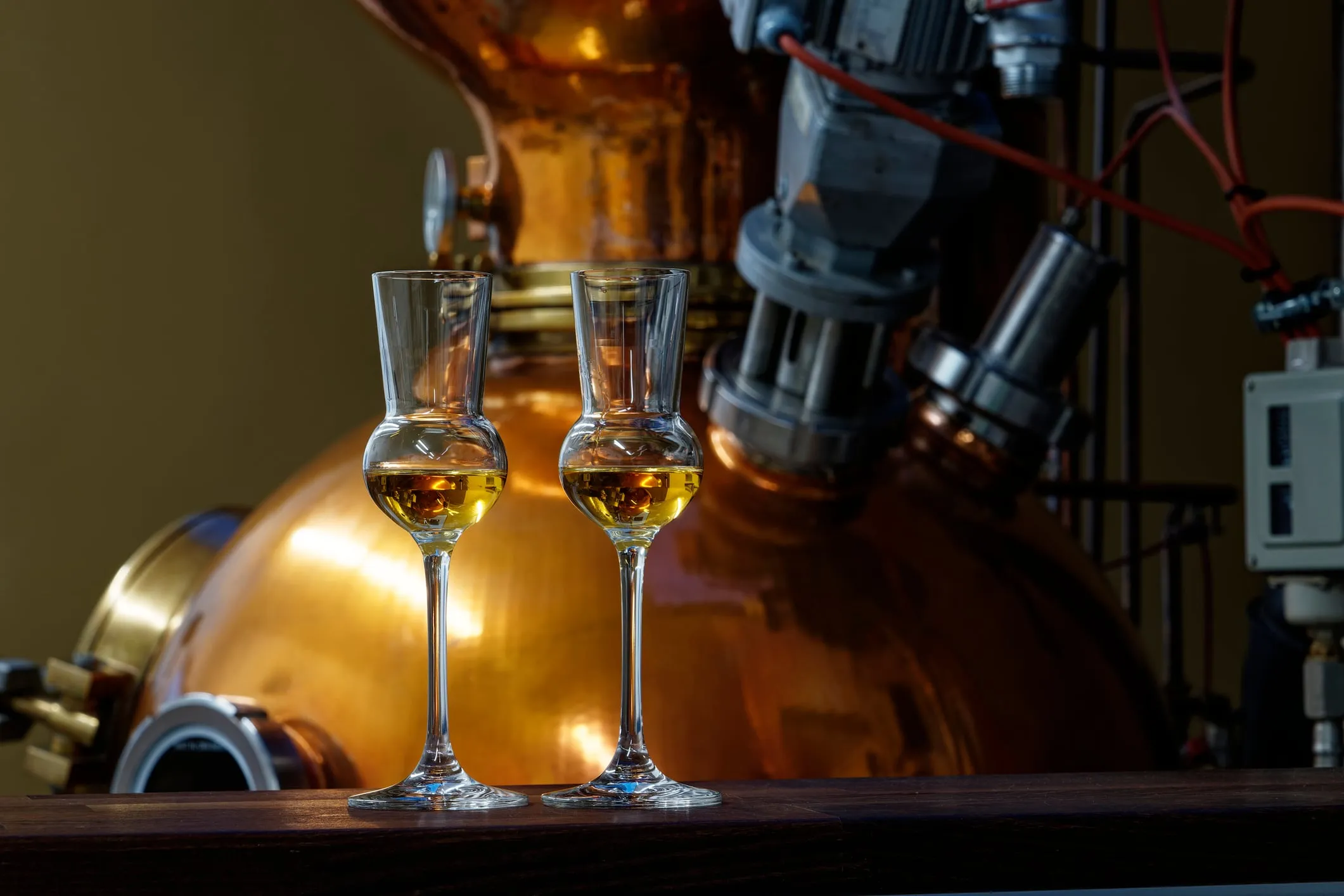 Interior of Xoriguer gin distillery showing copper stills and wooden barrels, traditional equipment unchanged since 1798